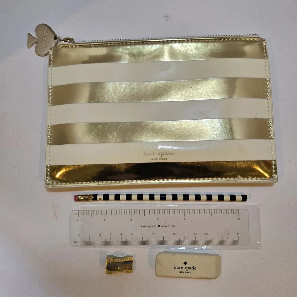 KATE SPADE Pencil Pouch W/ Accessories pencil, Eraser,Ruler, Sharpener Gold Tone